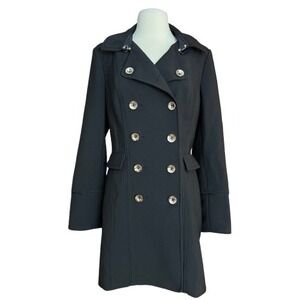 WHBM Med Military Style Corporate Goth Pea Coat Gold Buttons Pleated Back